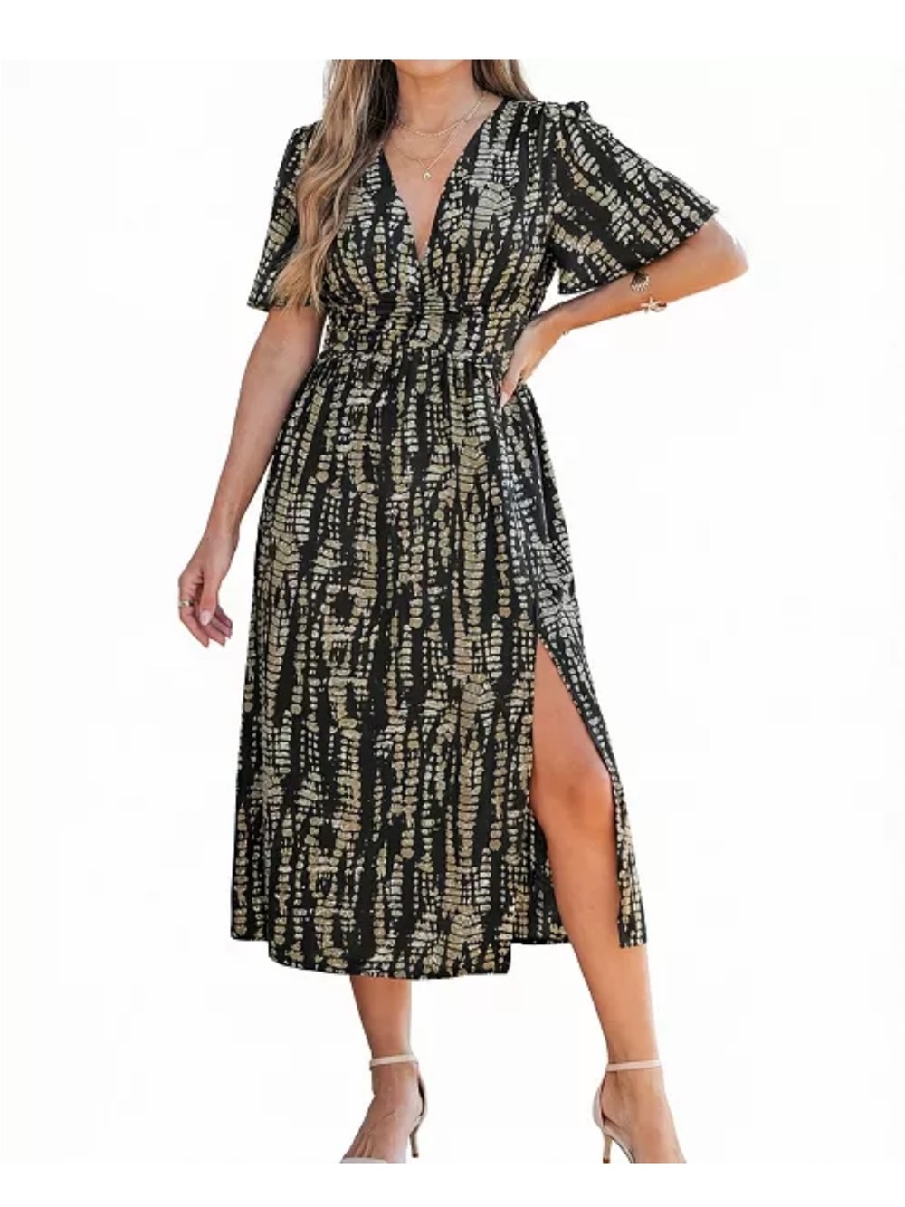 Cupshe Black & Cream Printed V‑Neck Midi Dress with Side Slit